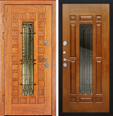 Дверь массив дуба со стеклопакетом и ковкой и филенчатый МДФ (16 мм)