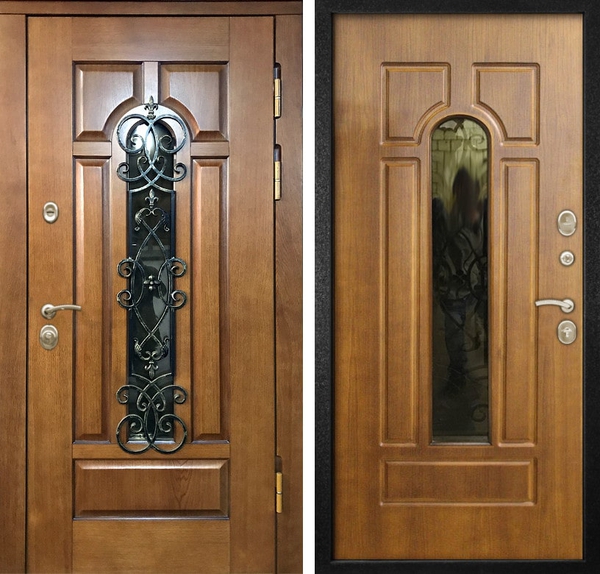 Дверь массив дуба (16 мм) со стеклопакетом и ковкой и МДФ (10 мм)